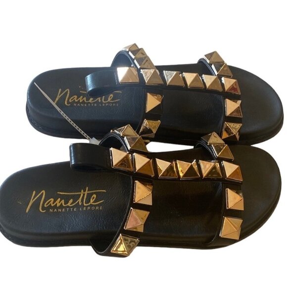 Nanette Lepore Gold Spike Stud Punk Gladiator Style Black cushioned arc support - Picture 2 of 9